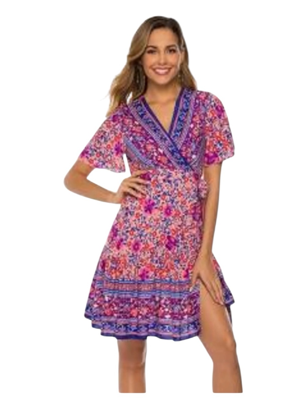 Zesica pink multicolor floral bohemian wrap dress size M